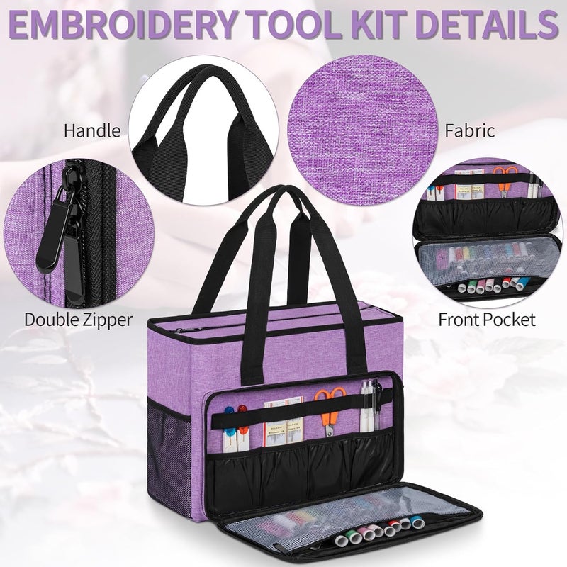 GMAK Embroidery Storage Bag, Embroidery Project Carrying Bags for Embroidery Kit/Cross Stitch Supplies/Stitch Tools Kit, Embroidery Supplies Storage Tote Case with Multiple Pockets, Bag Only, Purple - Image 3